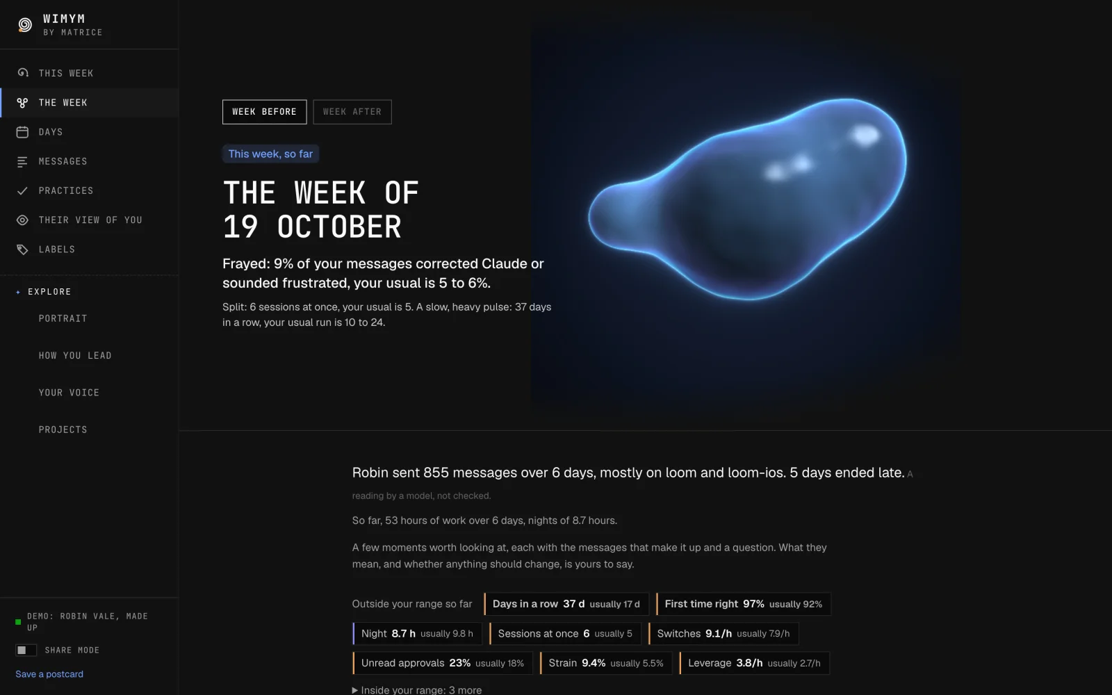 Wimym's week page for the week of 19 October, with a short account of Robin's week and the signs outside Robin's usual range
